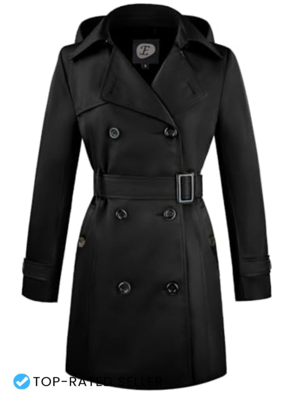 Women's Double-Breasted Trench Coat Belted Removable Hood Wallet